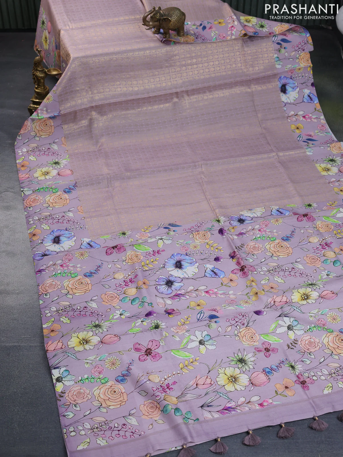 Banarasi silk saree pastel lavender with allover zari woven brocade weaves and floral digital printed border - Image 2