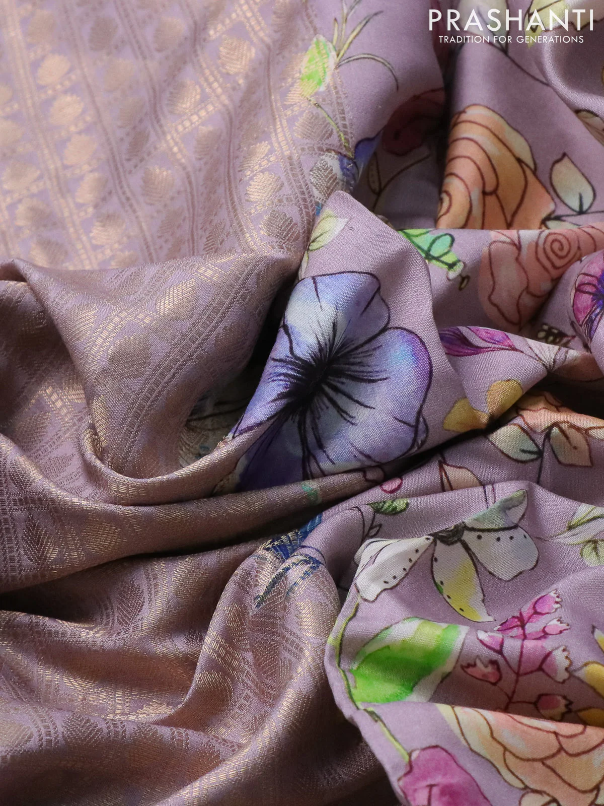 Banarasi silk saree pastel lavender with allover zari woven brocade weaves and floral digital printed border - Image 3