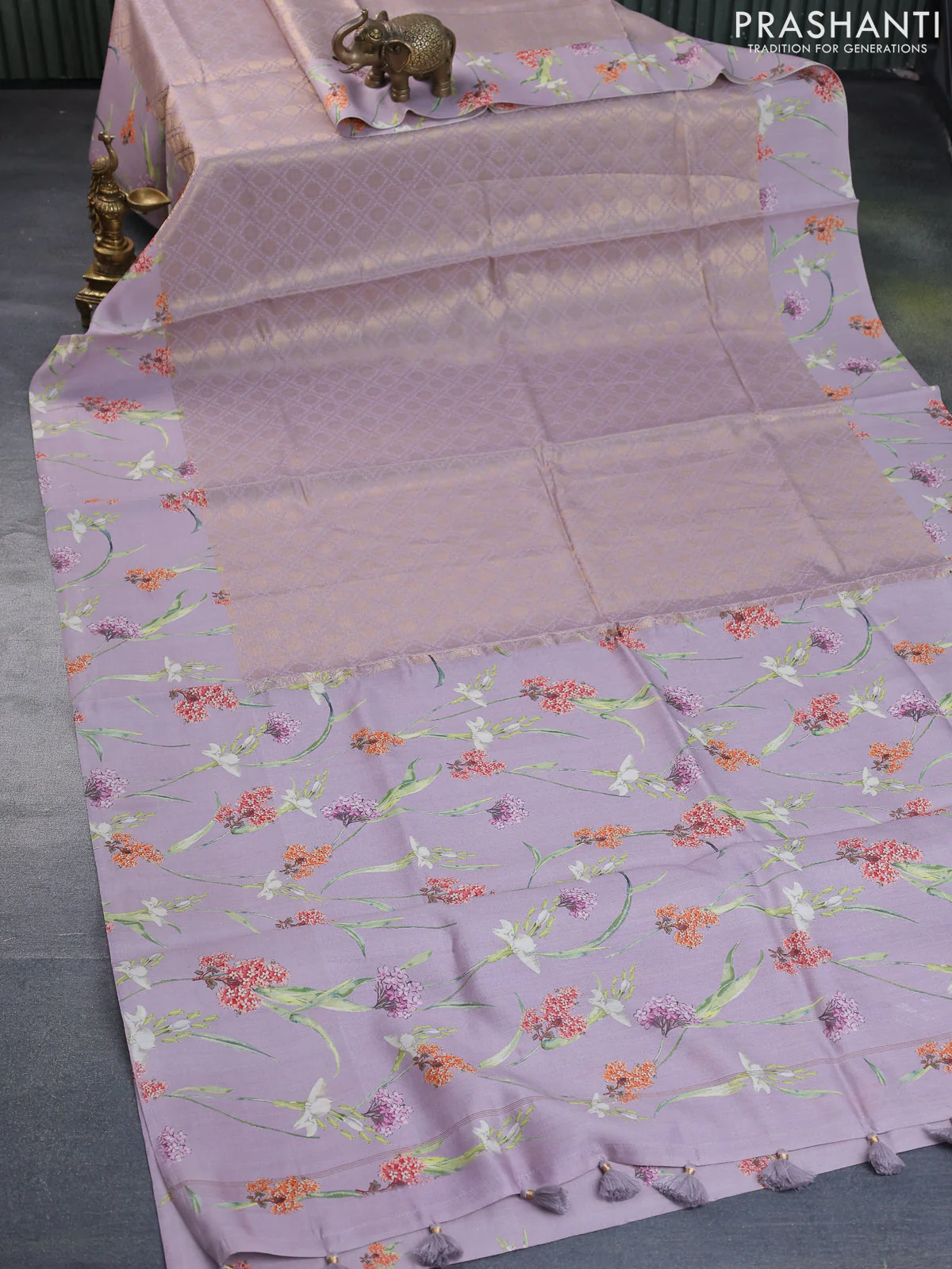 Banarasi silk saree pastel lavender with allover zari woven brocade weaves and floral digital printed border - Image 2