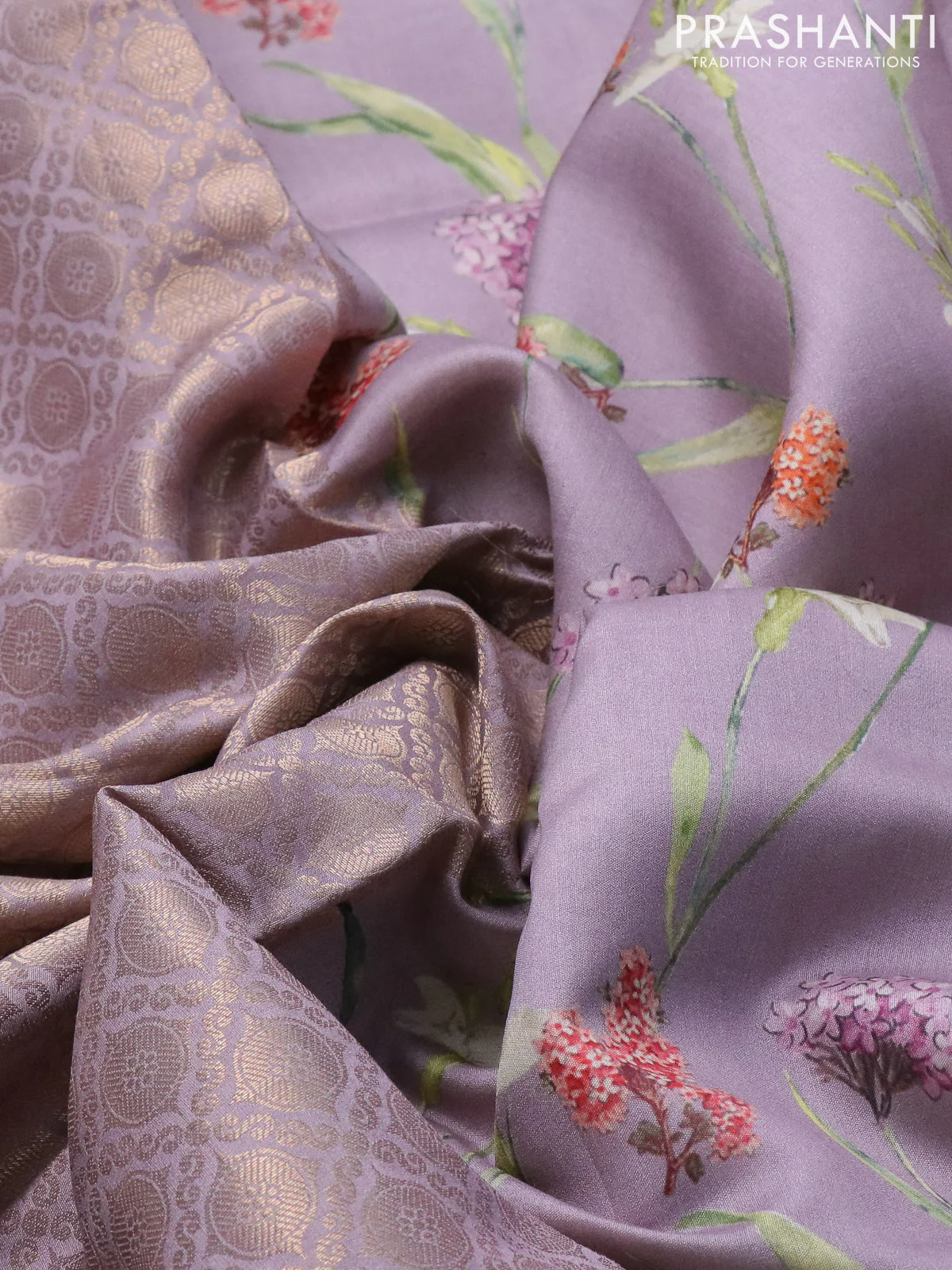 Banarasi silk saree pastel lavender with allover zari woven brocade weaves and floral digital printed border - Image 3