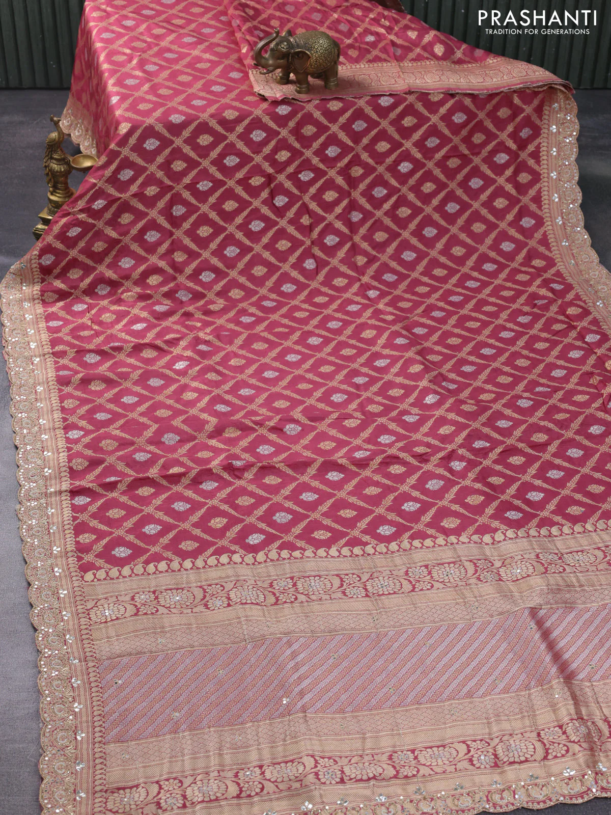 Banarasi silk saree pastel maroon shade with allover banarasi zari weaves and gotapatti lace work border - Image 2