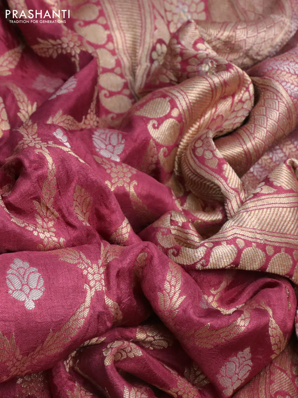 Banarasi silk saree pastel maroon shade with allover banarasi zari weaves and gotapatti lace work border - Image 3