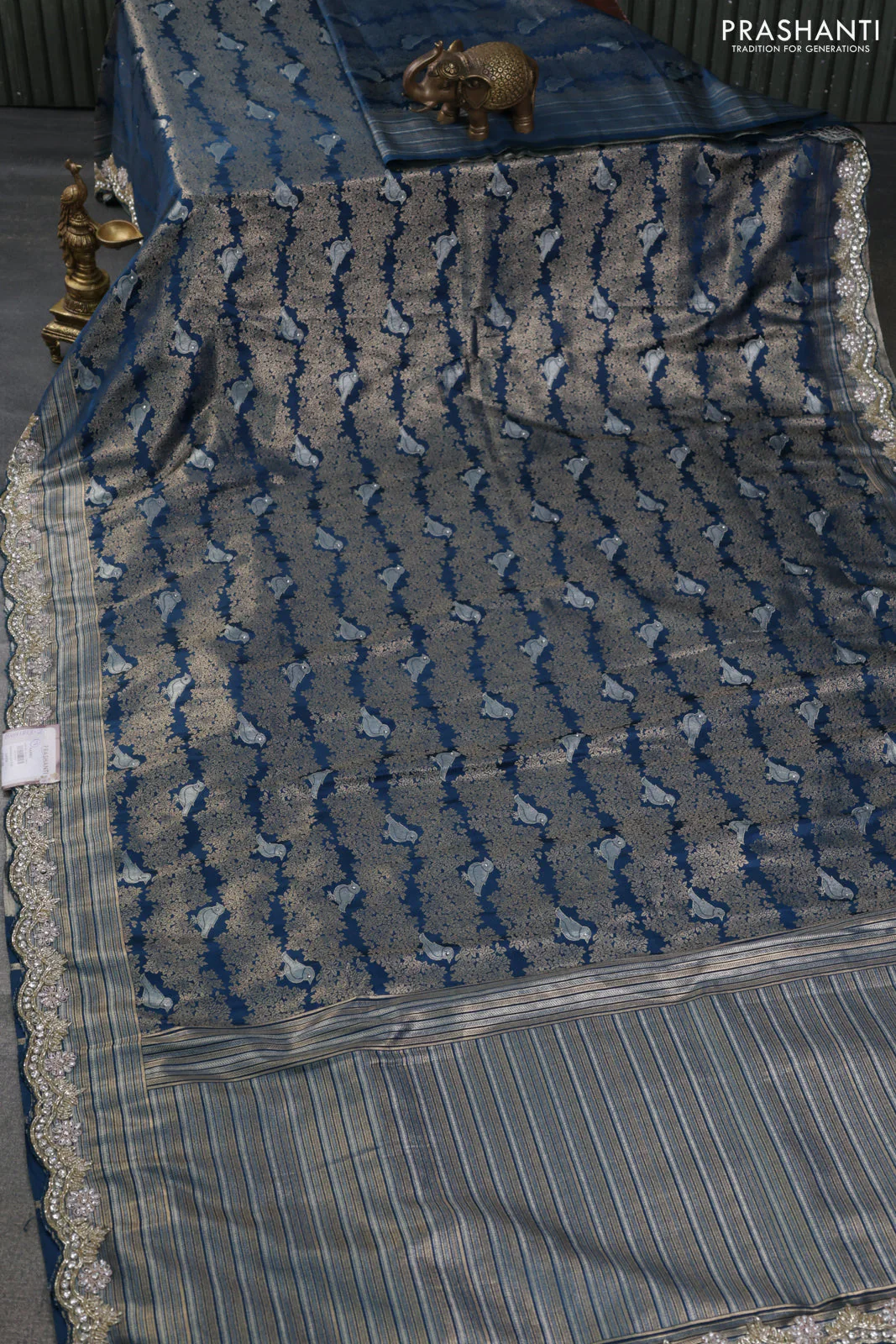 Banarasi silk saree peacock blue with allover zari woven brocade weaves and embroidery mirror work border - Image 2