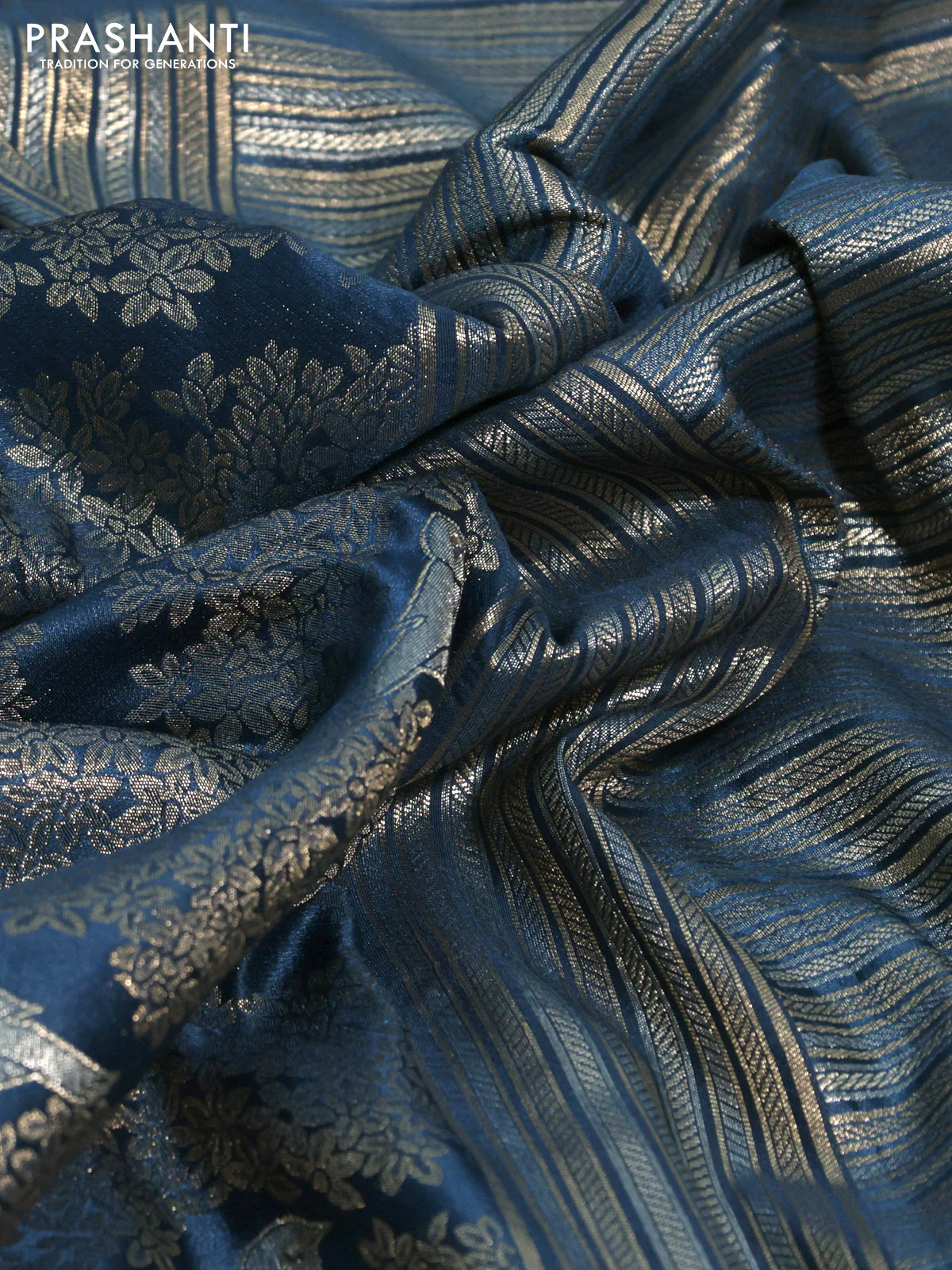Banarasi silk saree peacock blue with allover zari woven brocade weaves and embroidery mirror work border - Image 3