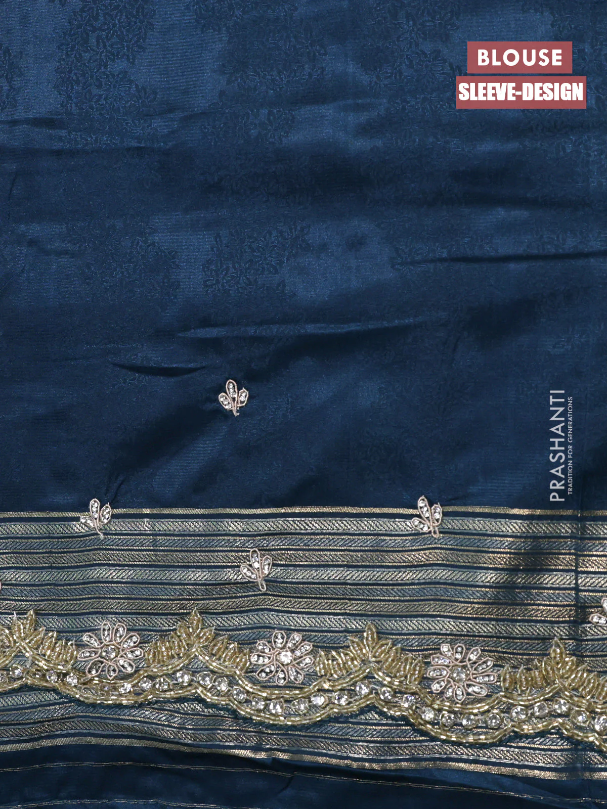Banarasi silk saree peacock blue with allover zari woven brocade weaves and embroidery mirror work border - Image 4