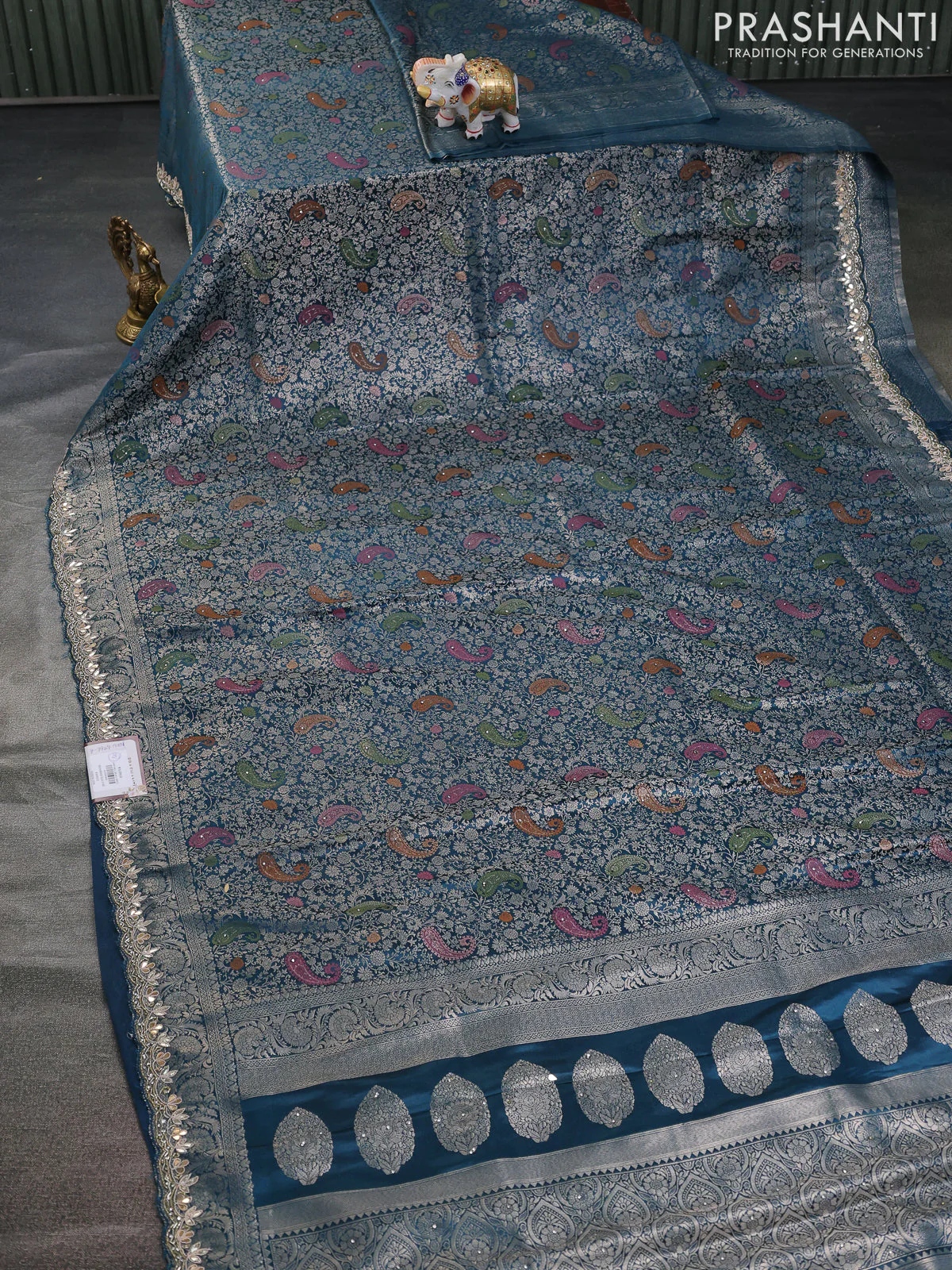 Banarasi silk saree peacock blue with allover zari woven brocade weaves and zaridosi gotapatti work border - Image 2