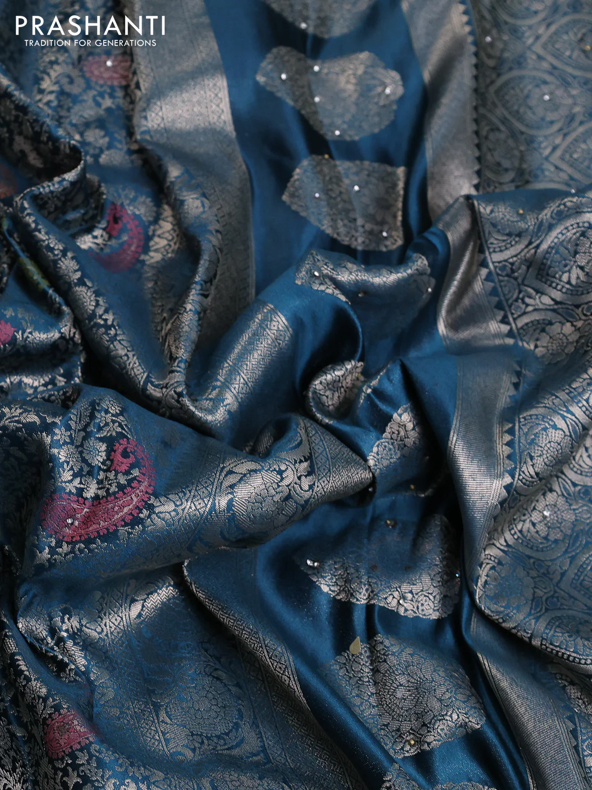 Banarasi silk saree peacock blue with allover zari woven brocade weaves and zaridosi gotapatti work border - Image 3