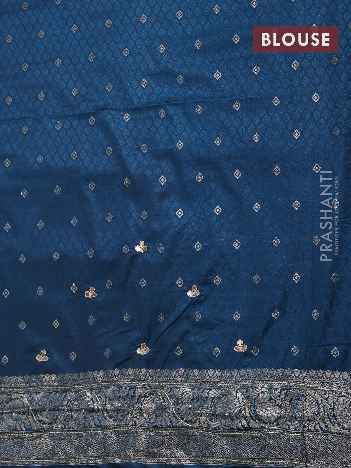 Banarasi silk saree peacock blue with allover zari woven brocade weaves and zaridosi gotapatti work border - Image 4