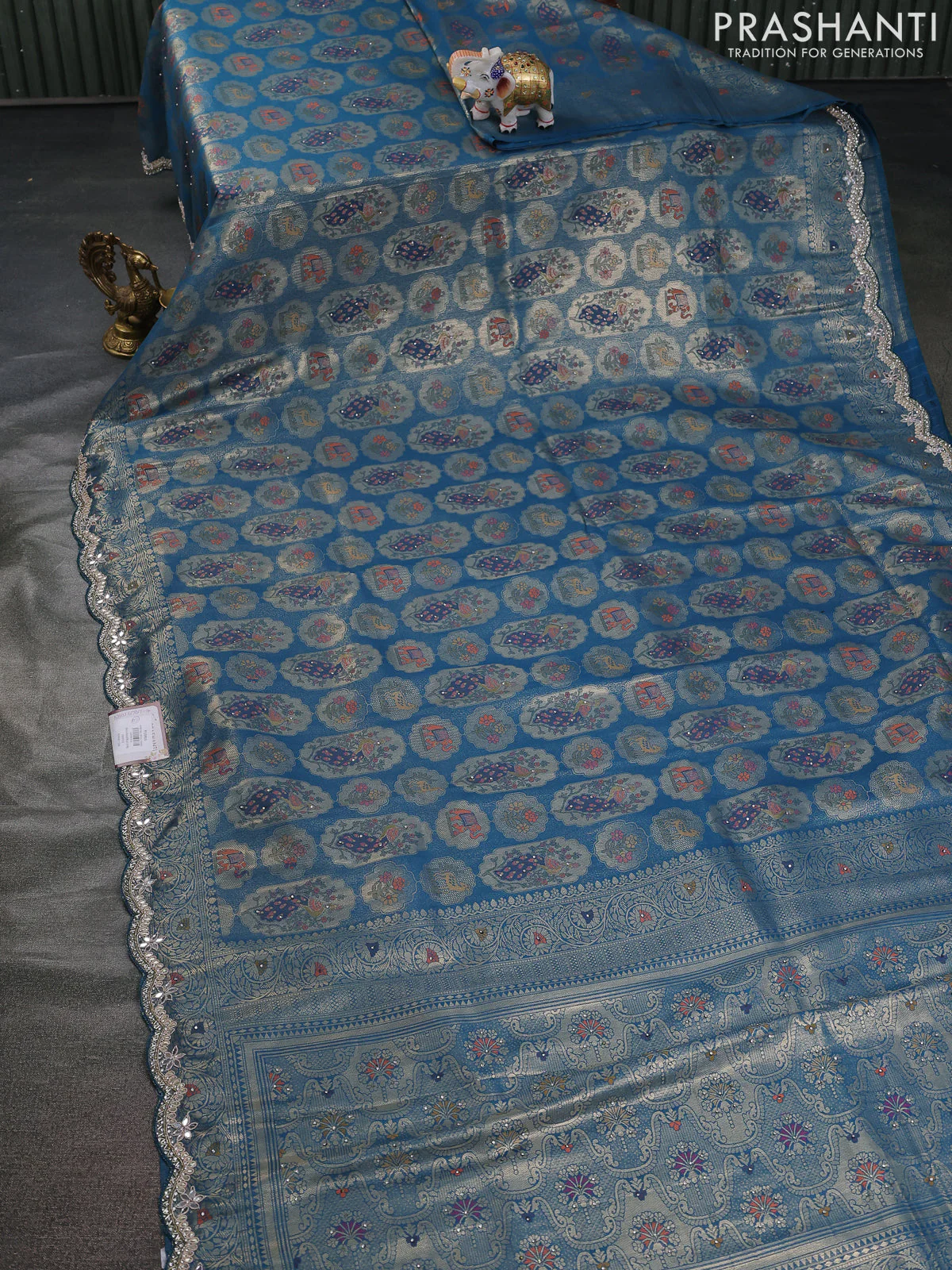 Banarasi silk saree peacock blue with allover zari woven brocade weaves and zaridosi gotapatti work border - Image 2