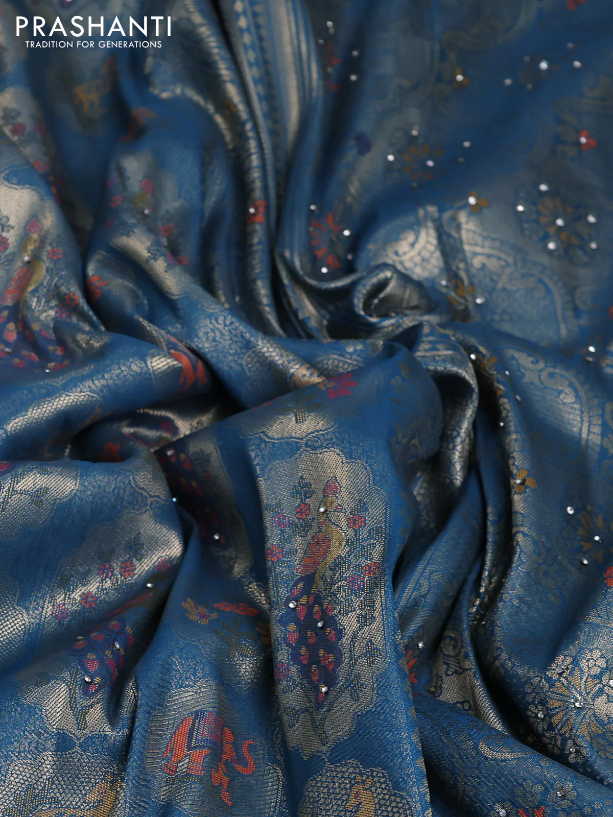 Banarasi silk saree peacock blue with allover zari woven brocade weaves and zaridosi gotapatti work border - Image 3