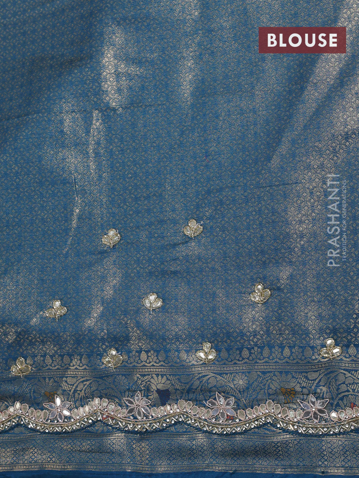 Banarasi silk saree peacock blue with allover zari woven brocade weaves and zaridosi gotapatti work border - Image 4