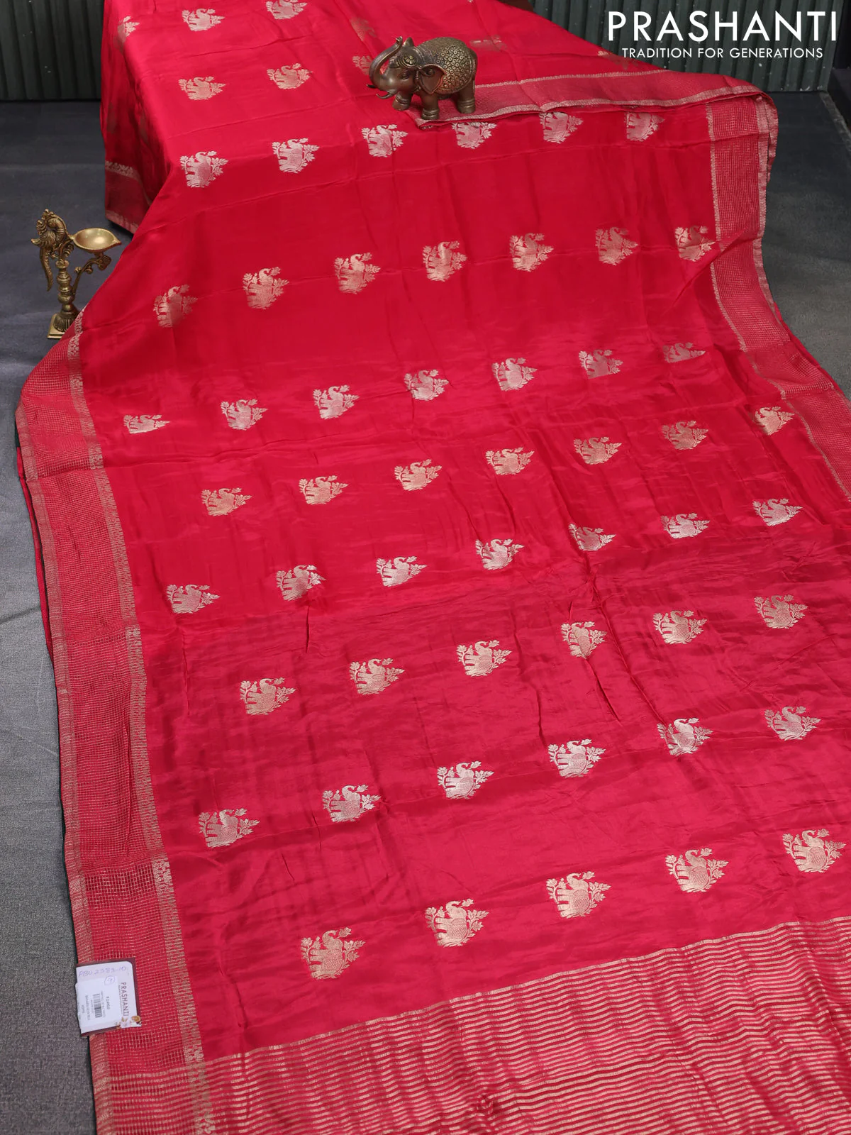 Banarasi silk saree pink and green with zari woven elephant buttas and zari woven border - Image 2