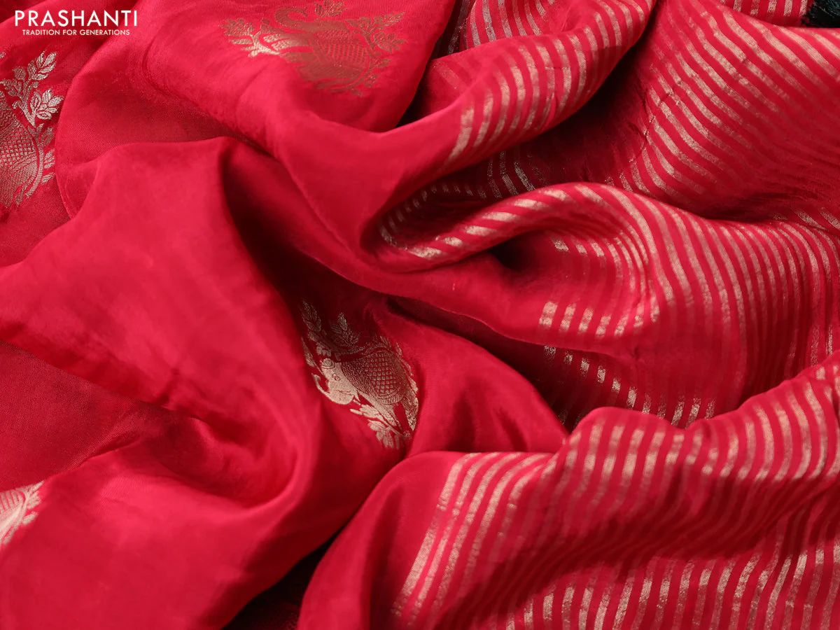 Banarasi silk saree pink and green with zari woven elephant buttas and zari woven border - Image 3