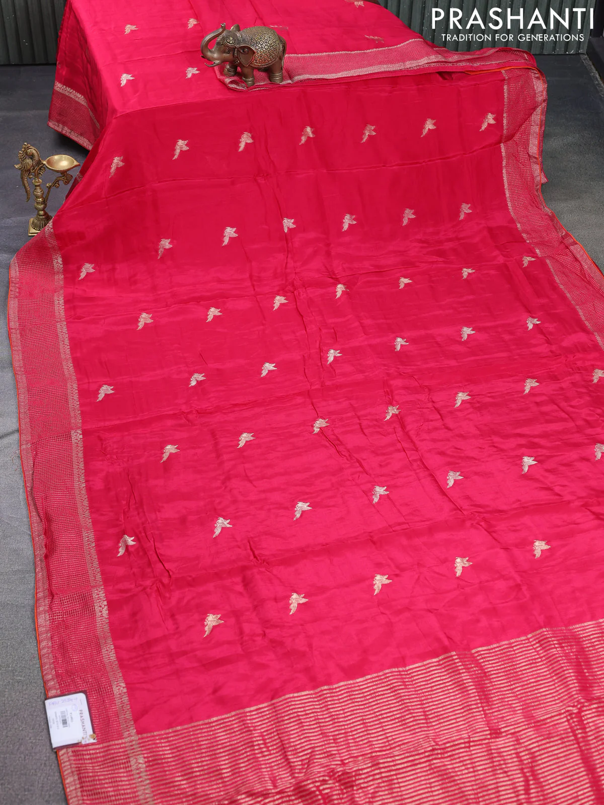 Banarasi silk saree pink and orange with zari woven brids buttas and zari woven border - Image 2