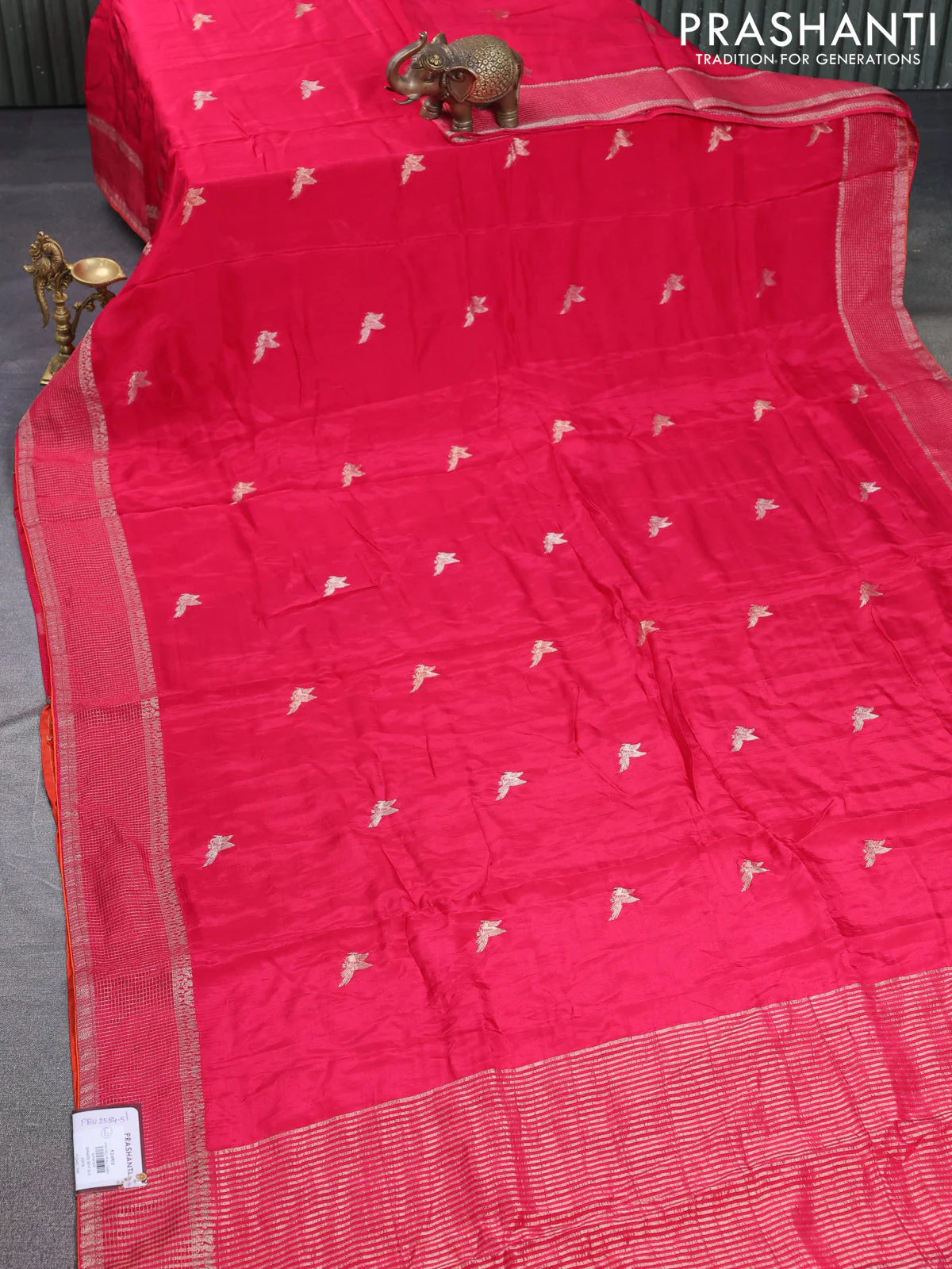 Banarasi silk saree pink and orange with zari woven brids buttas and zari woven border - Image 2