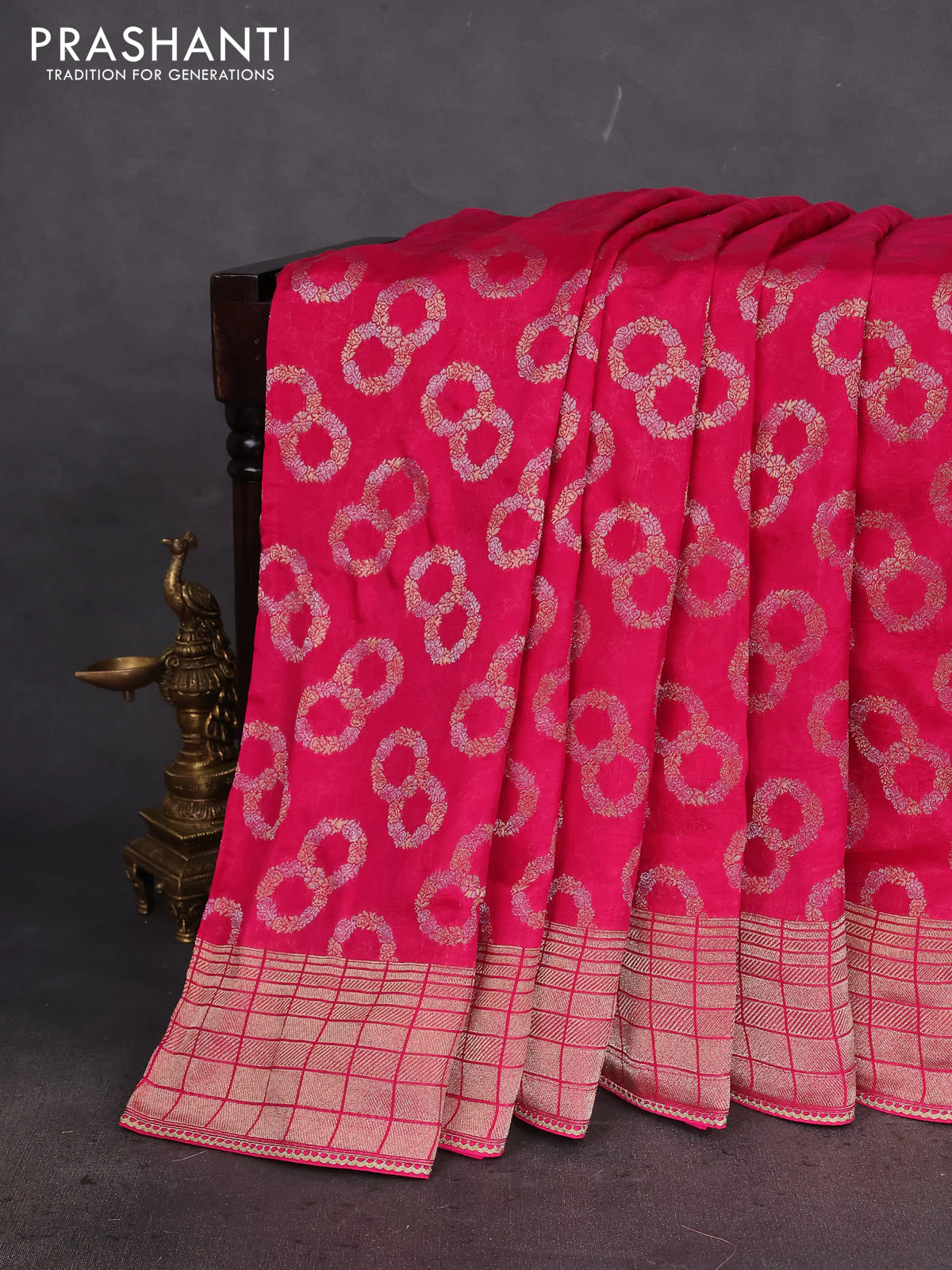 Banarasi silk saree pink with allover silver & gold zari woven buttas and gotapatti work pallu - Image 2