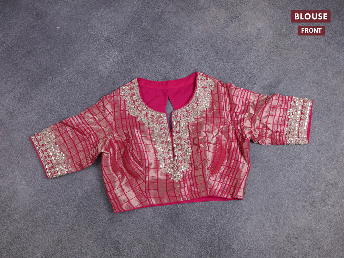 Banarasi silk saree pink with allover silver & gold zari woven buttas and gotapatti work pallu - Image 3