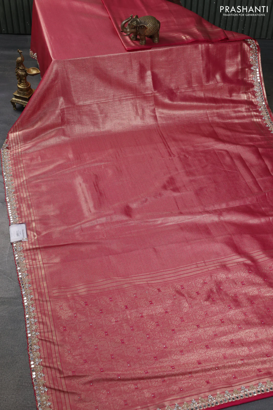 Banarasi silk saree pink with allover zari woven brocade weaves and embroidery mirror work border - Image 2