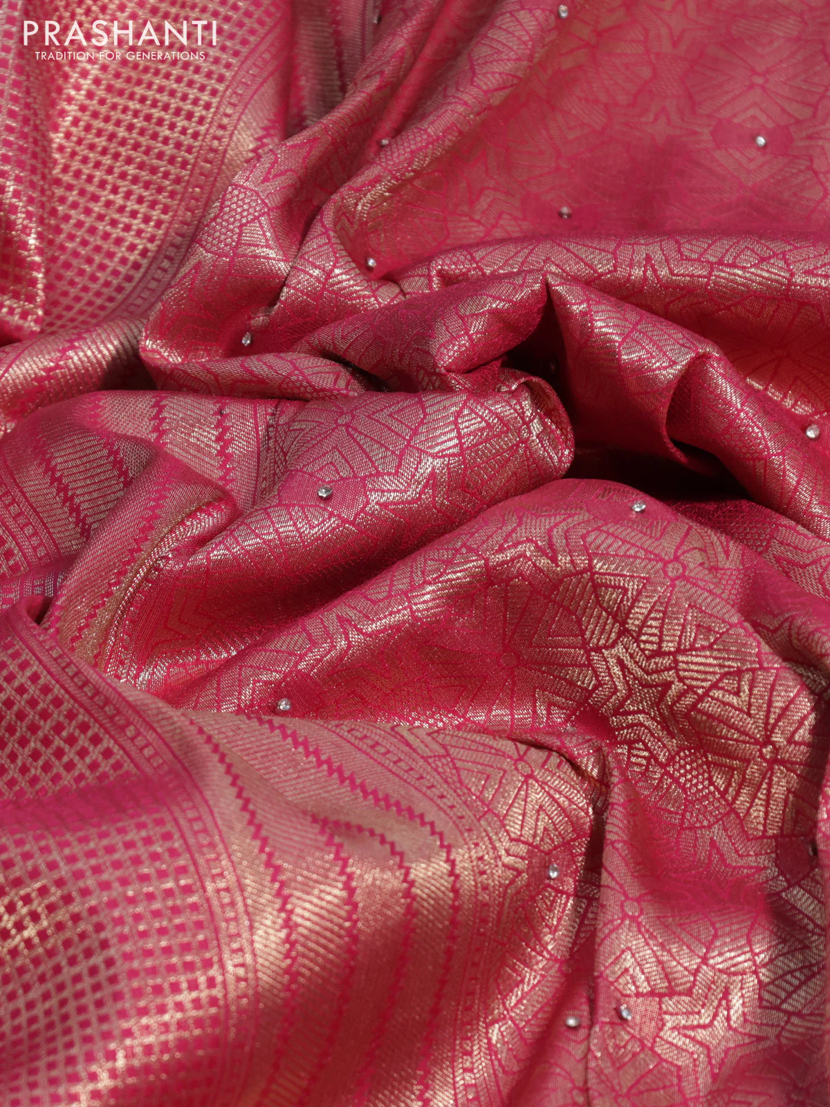 Banarasi silk saree pink with allover zari woven brocade weaves and embroidery mirror work border - Image 3