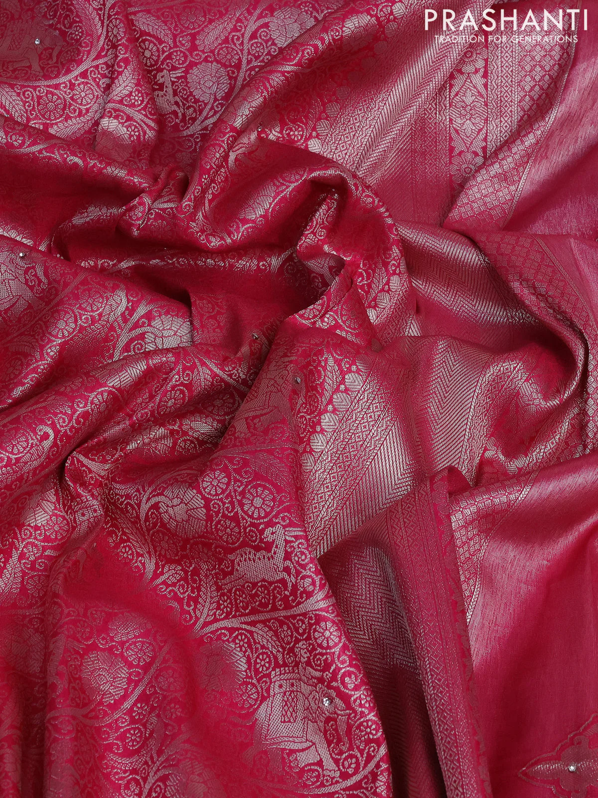 Banarasi silk saree pink with allover zari woven brocade weaves and embroidery mirror work border - Image 3