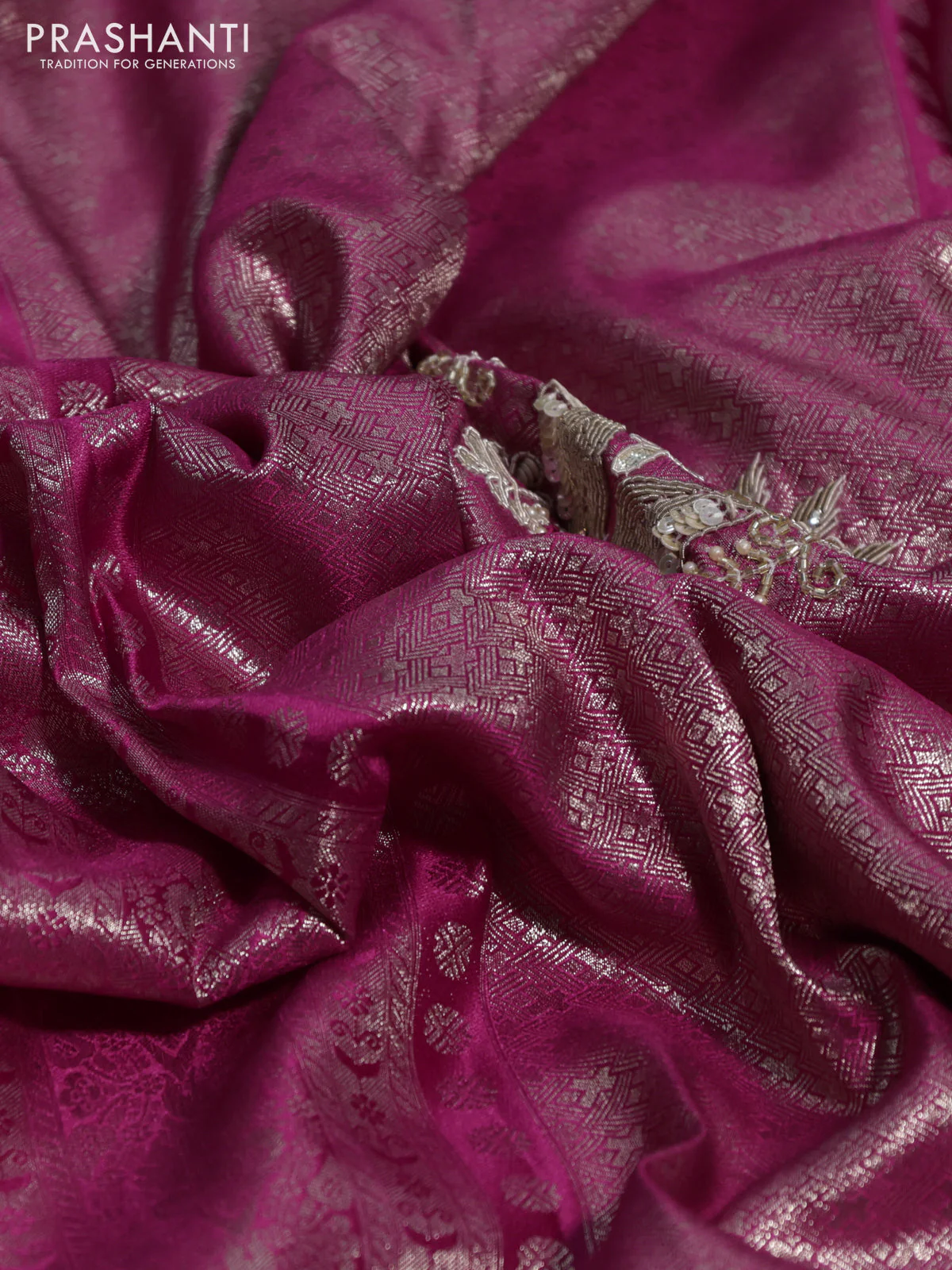 Banarasi silk saree pink with allover zari woven brocade weaves and embroidery sequin work border - Image 3