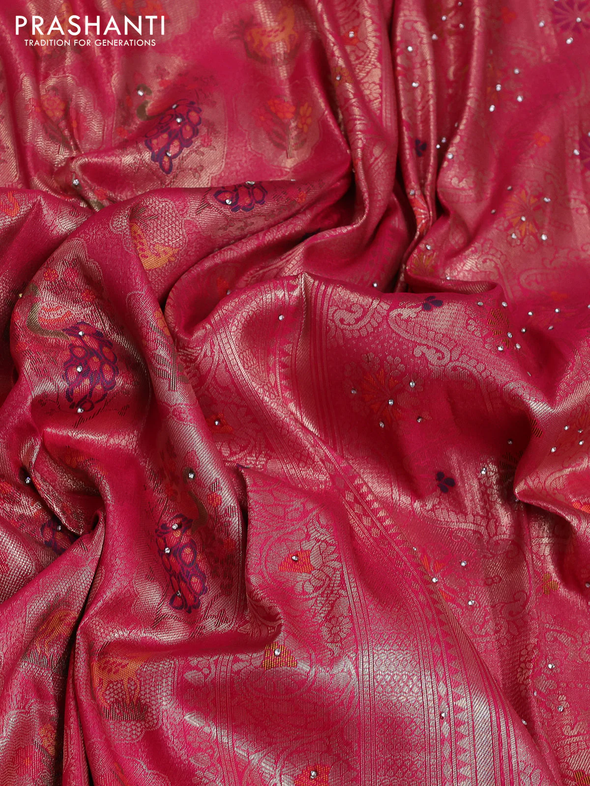 Banarasi silk saree pink with allover zari woven brocade weaves and zaridosi gotapatti work border - Image 3