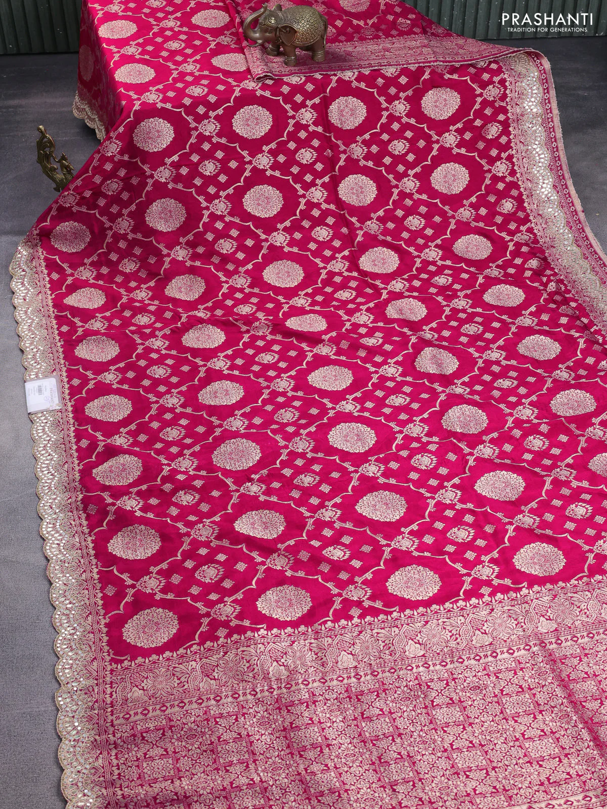 Banarasi silk saree pink with allover zari woven jaal weaves and gotapatti work border - Image 2