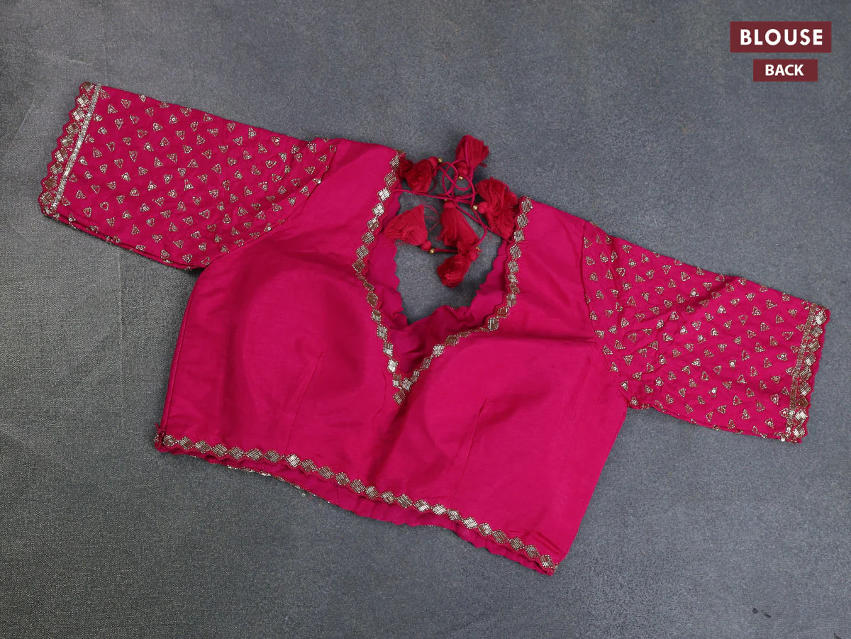 Banarasi silk saree pink with floral zari woven buttas and beaded work border - Image 10