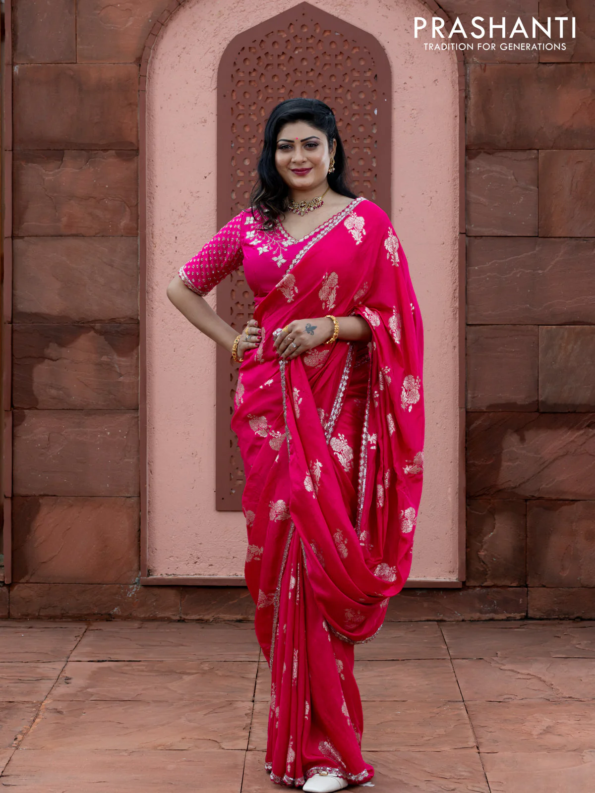 Banarasi silk saree pink with floral zari woven buttas and beaded work border - Image 2