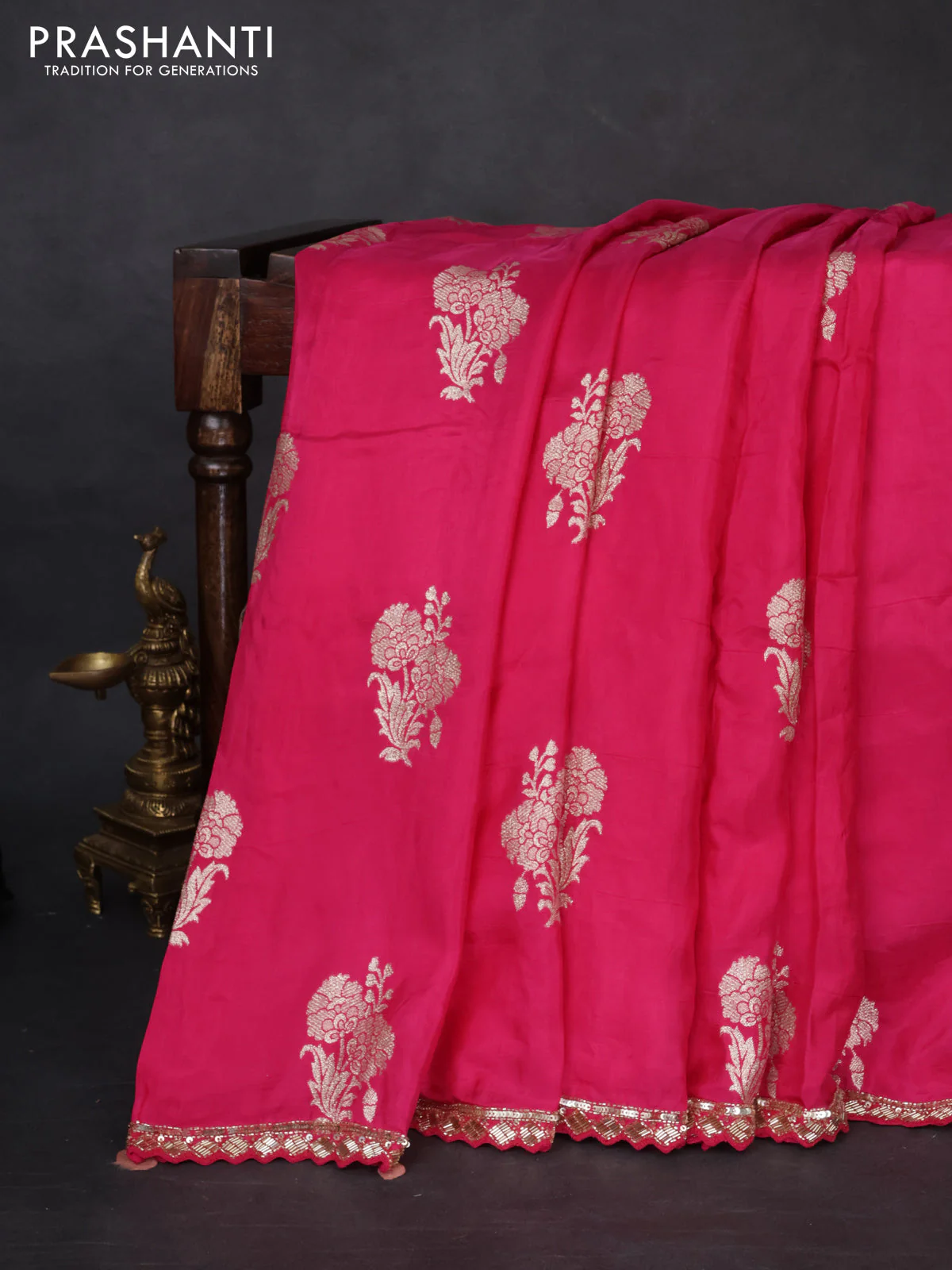 Banarasi silk saree pink with floral zari woven buttas and beaded work border - Image 6