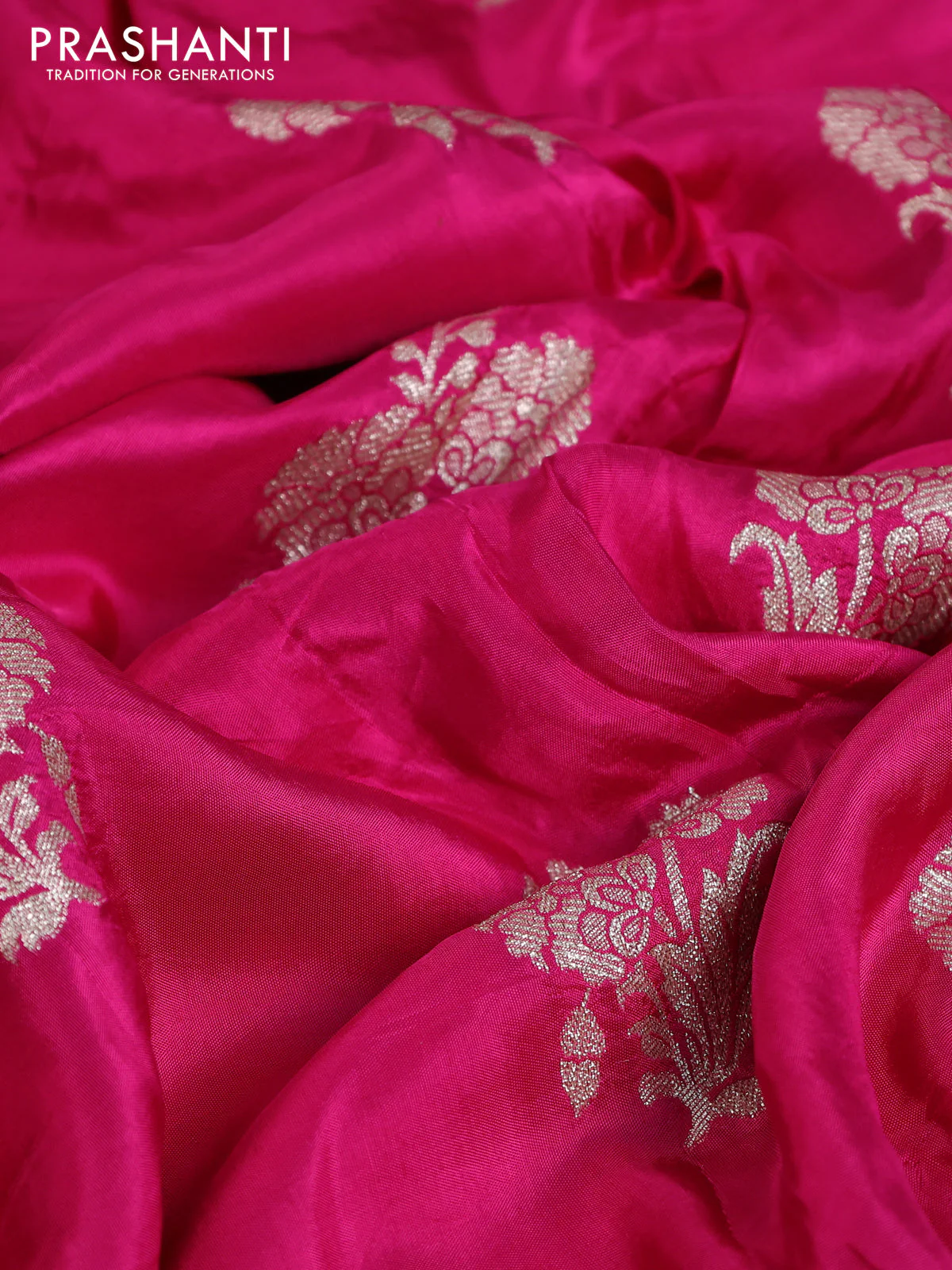 Banarasi silk saree pink with floral zari woven buttas and beaded work border - Image 8