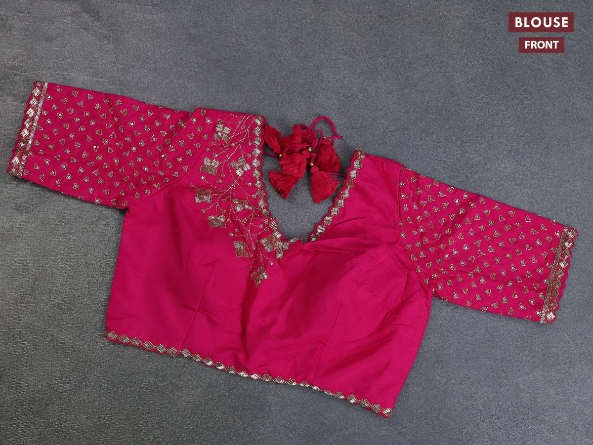 Banarasi silk saree pink with floral zari woven buttas and beaded work border - Image 9