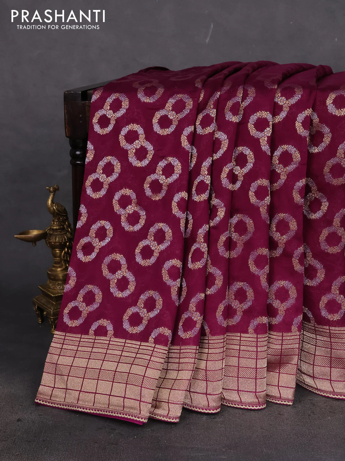 Banarasi silk saree purple and multi colour with allover silver & gold zari woven buttas and gotapatti work pallu - Image 2