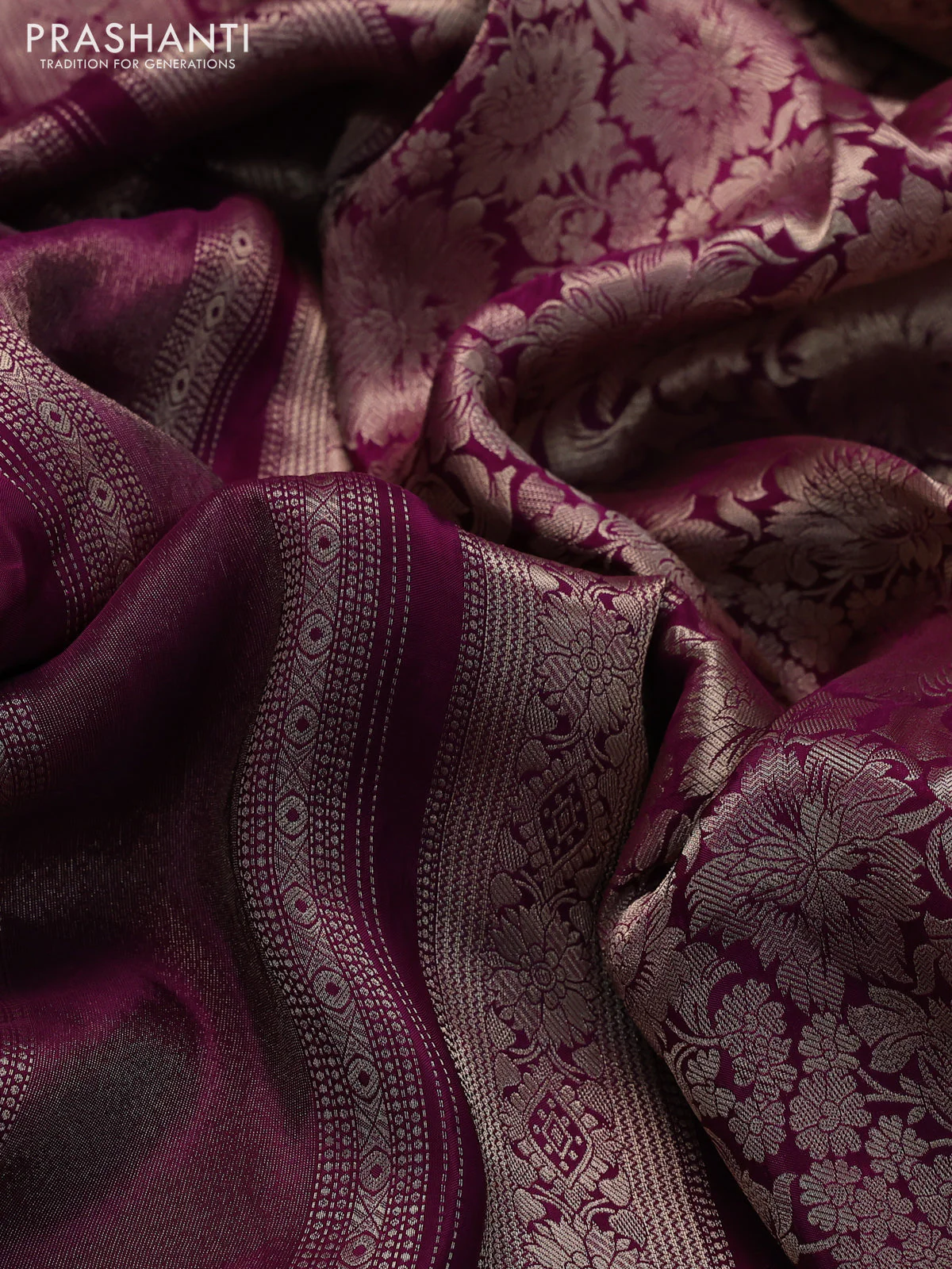 Banarasi silk saree purple and yellow with allover zari weaves and zari woven border - Image 3