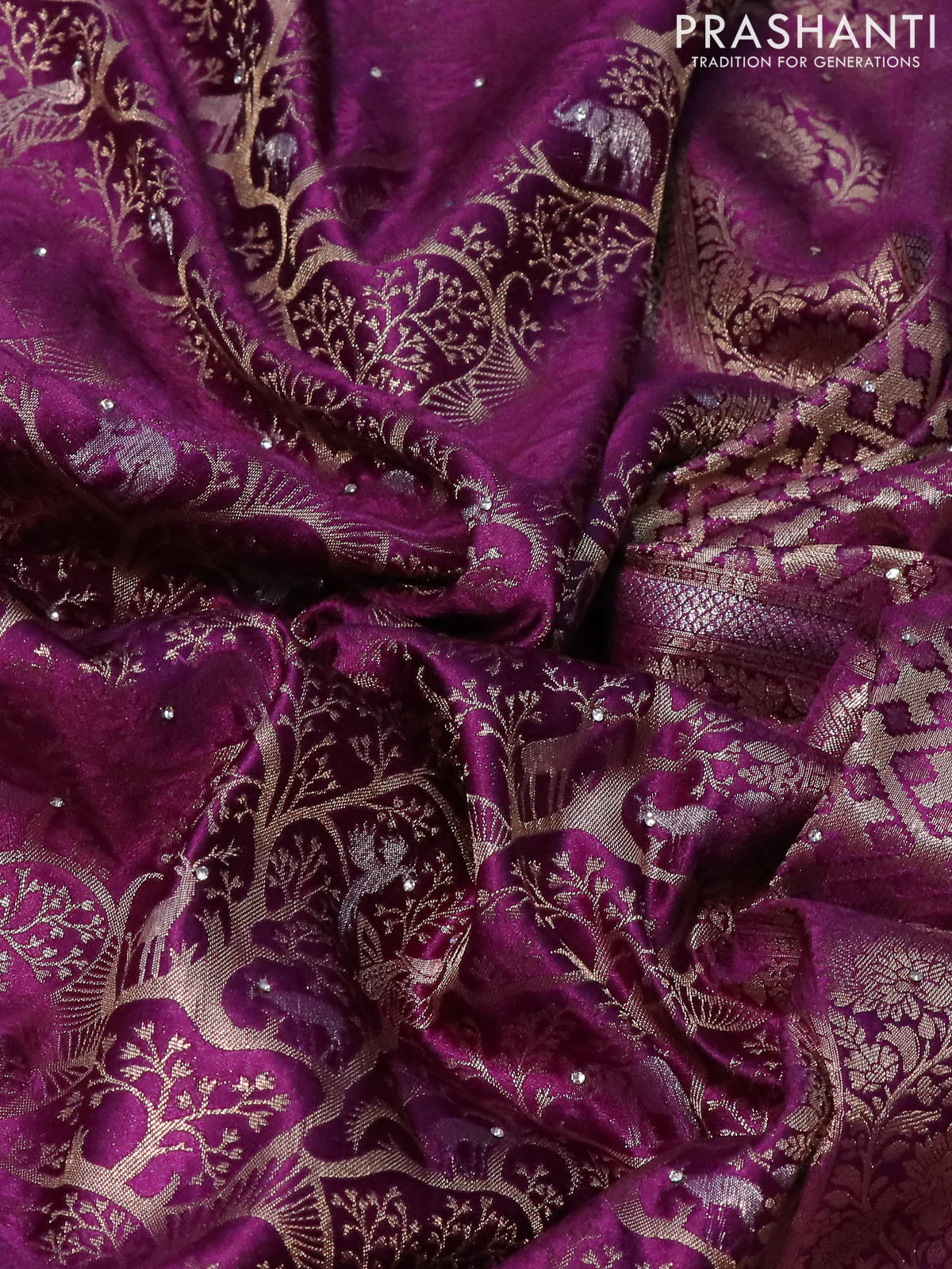 Banarasi silk saree purple with allover zari woven brocade weaves and embroidery mirror work border - Image 3
