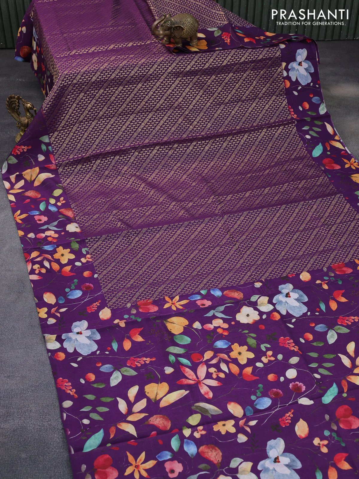 Banarasi silk saree purple with allover zari woven brocade weaves and floral digital printed border - Image 2