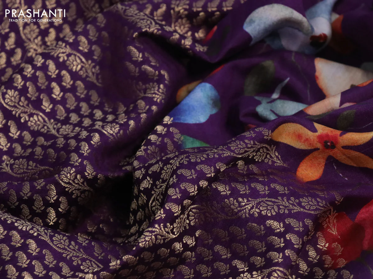 Banarasi silk saree purple with allover zari woven brocade weaves and floral digital printed border - Image 3