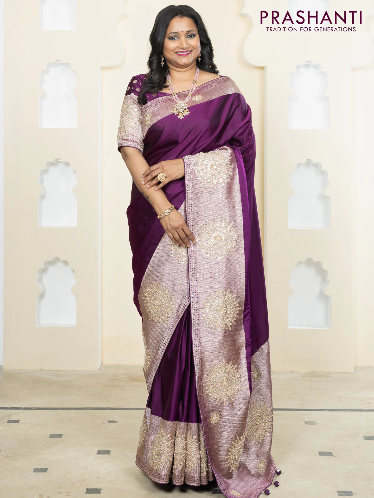 Banarasi silk saree purple with plain body and embroidery butta border - Image 2