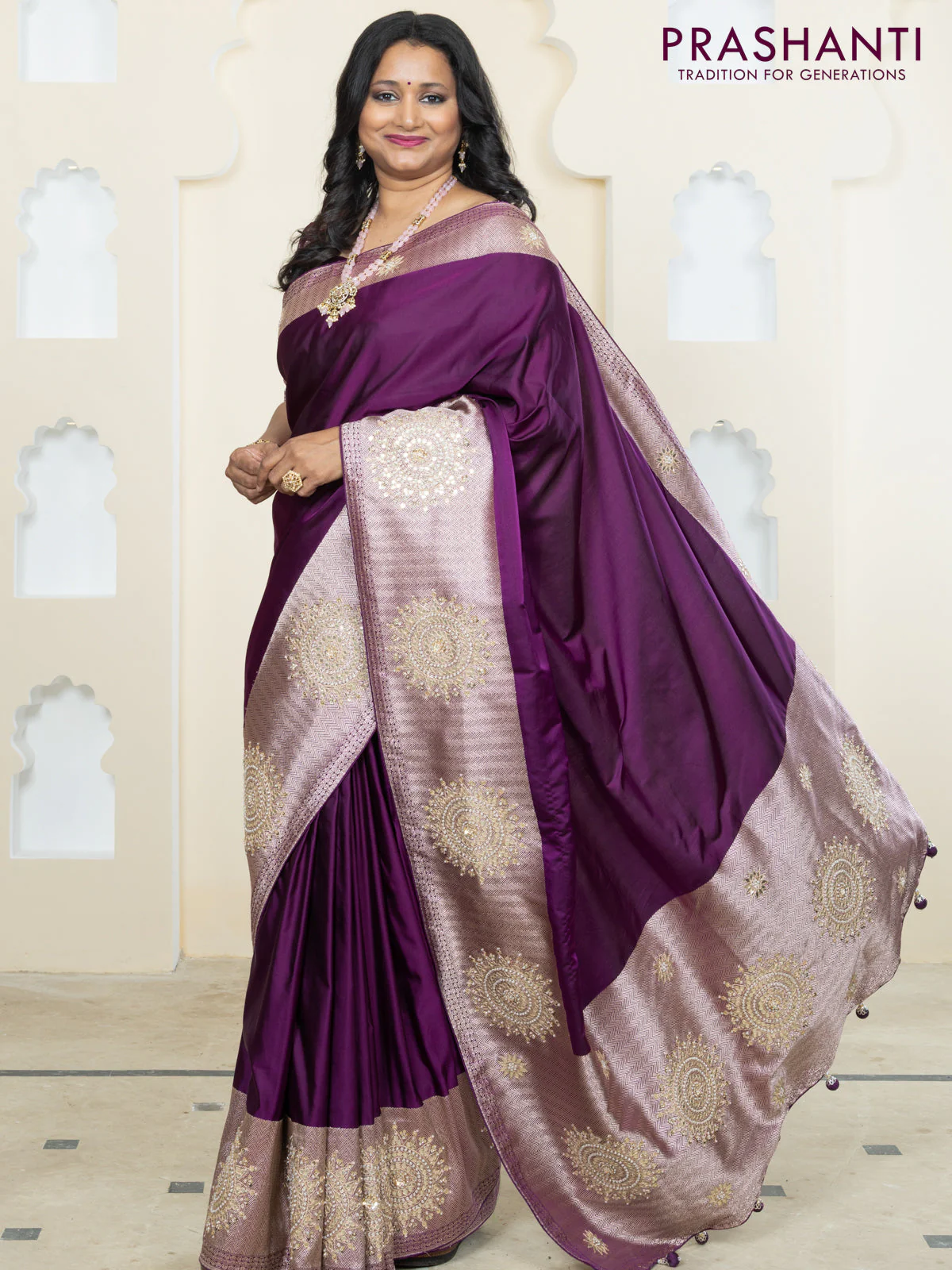 Banarasi silk saree purple with plain body and embroidery butta border - Image 3
