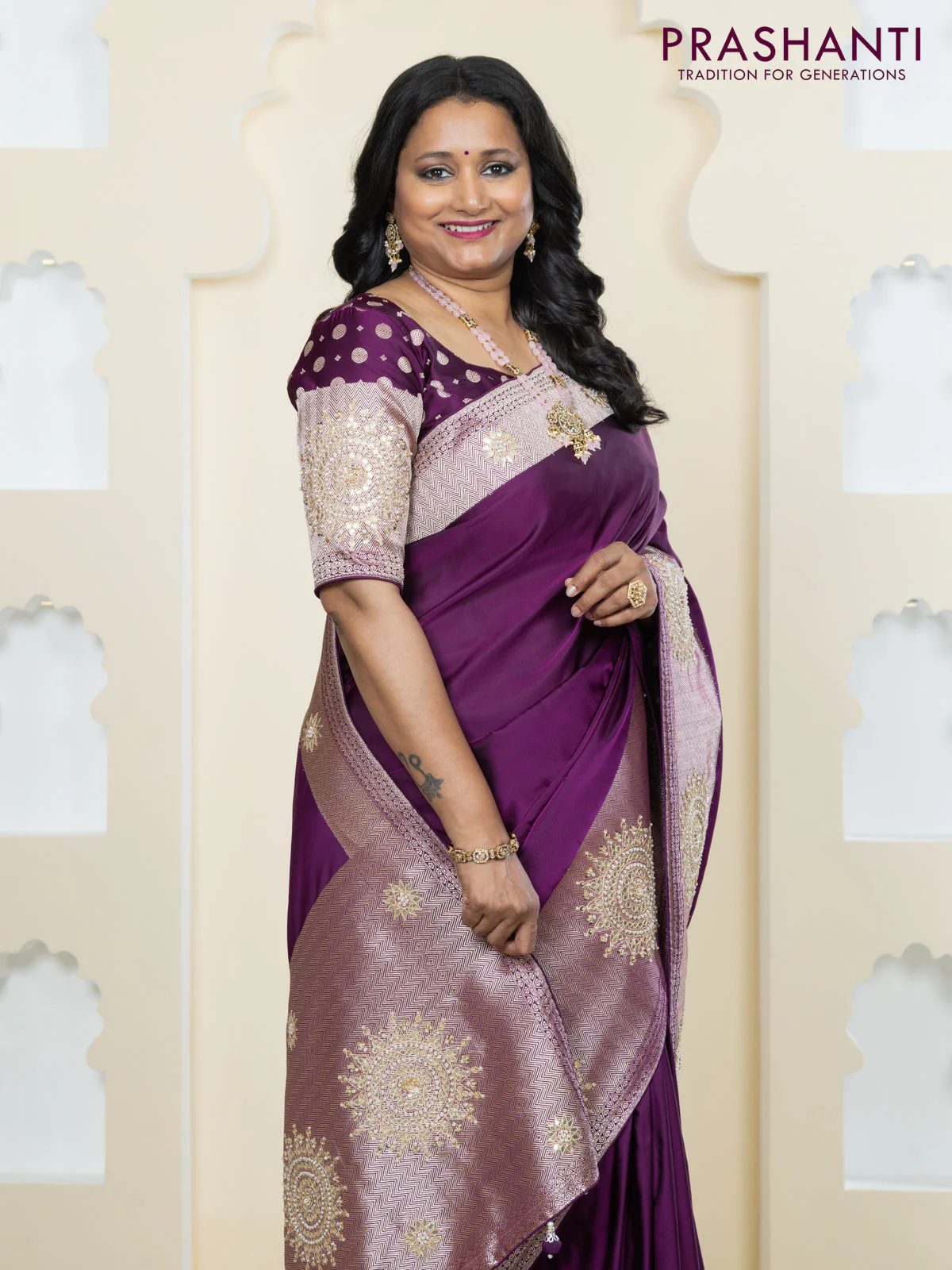 Banarasi silk saree purple with plain body and embroidery butta border - Image 4