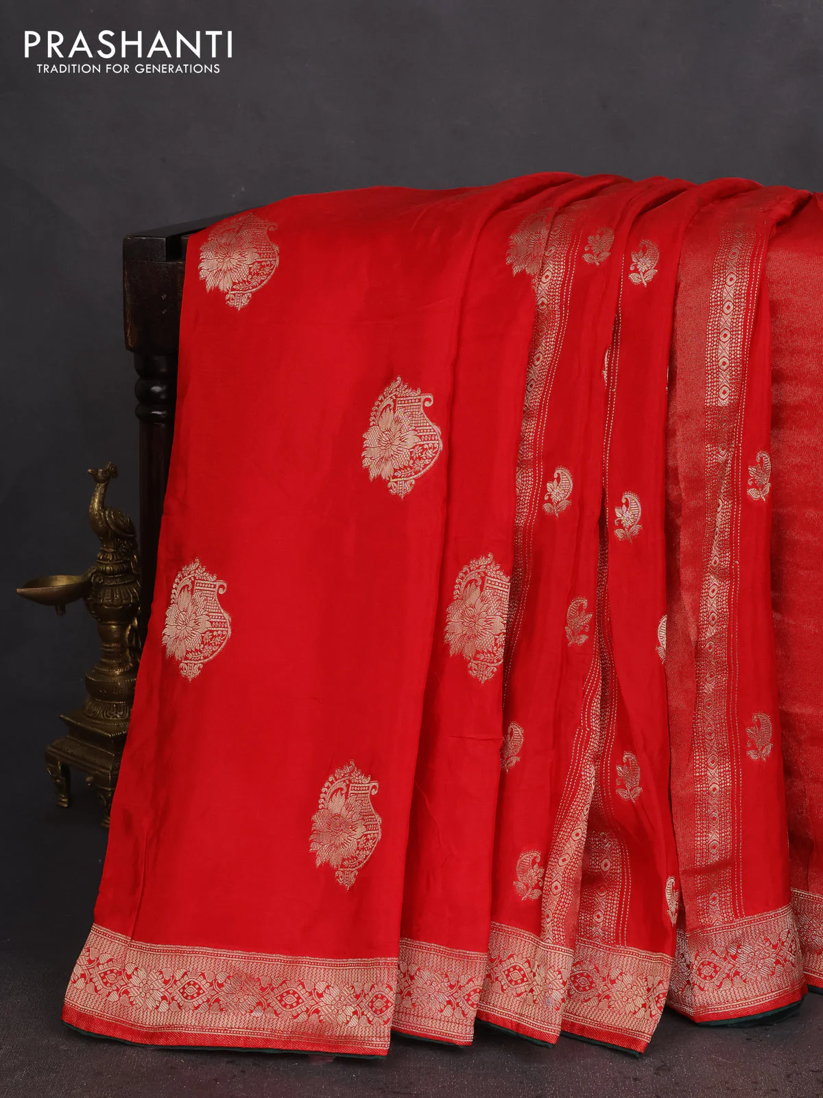 Banarasi silk saree red and green with allover zari weaves and zari woven border - Image 2