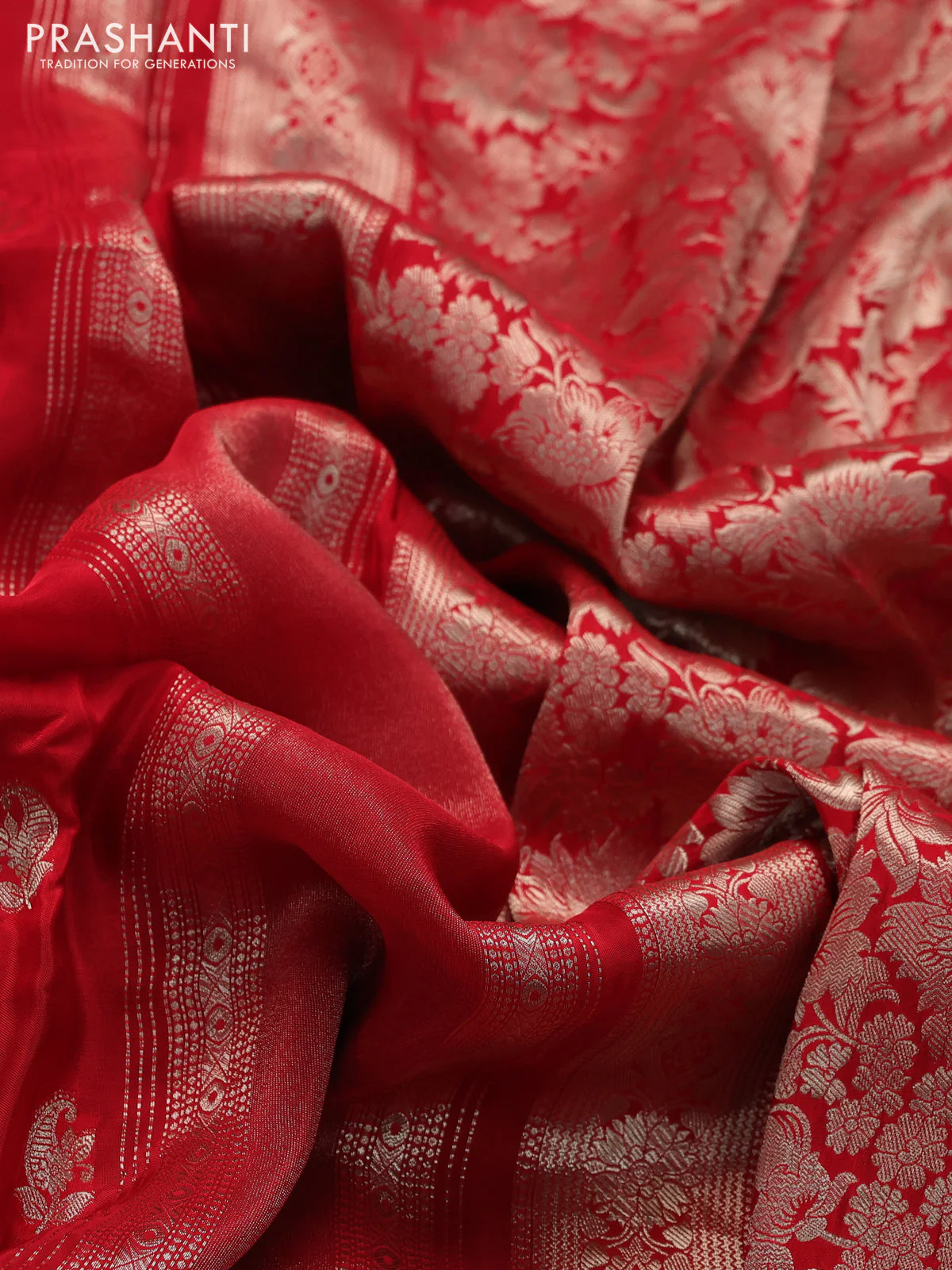 Banarasi silk saree red and green with allover zari weaves and zari woven border - Image 3