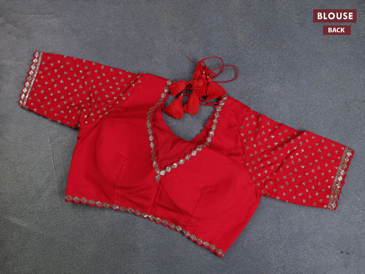Banarasi silk saree red with floral zari woven buttas and beaded work border - Image 10