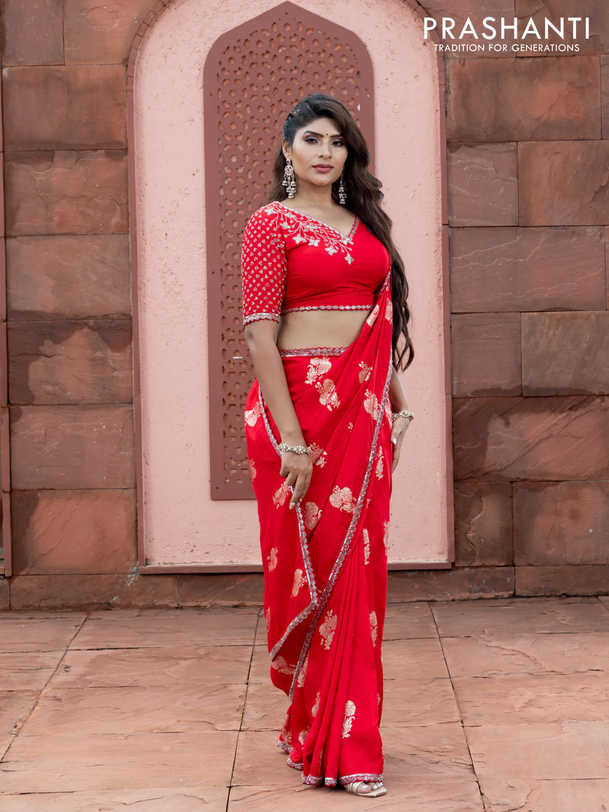 Banarasi silk saree red with floral zari woven buttas and beaded work border - Image 2