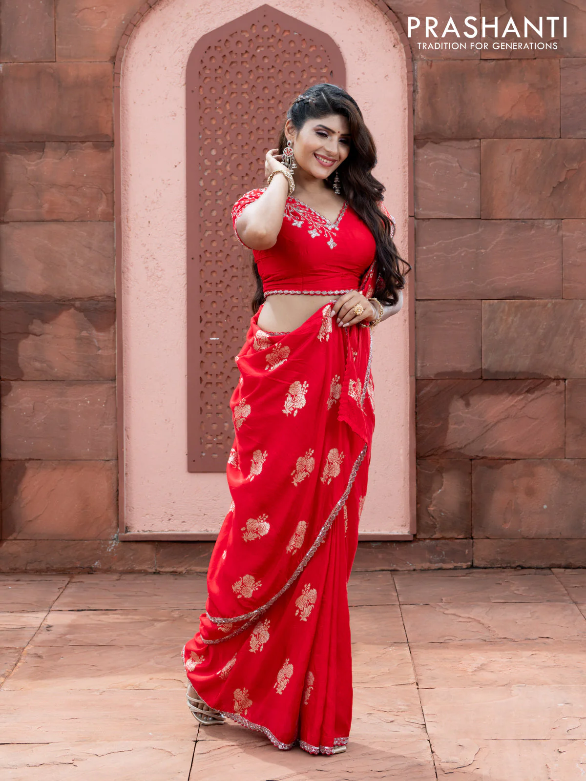 Banarasi silk saree red with floral zari woven buttas and beaded work border - Image 3