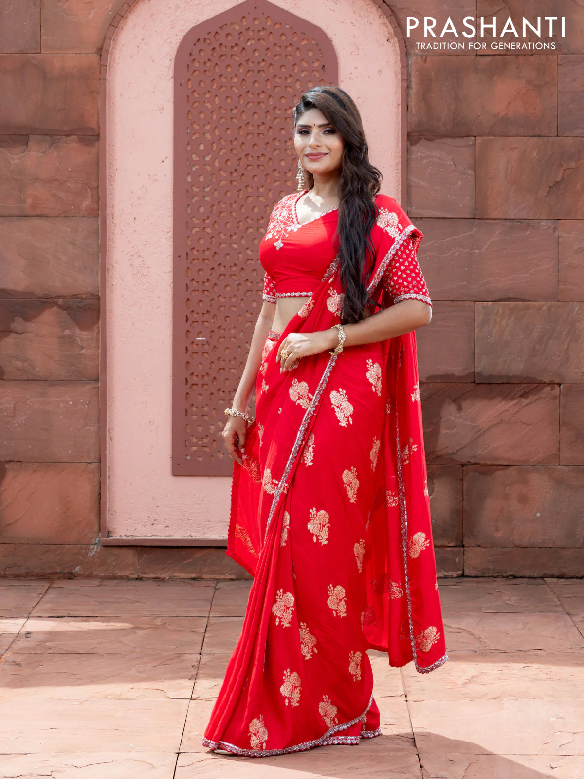 Banarasi silk saree red with floral zari woven buttas and beaded work border - Image 5