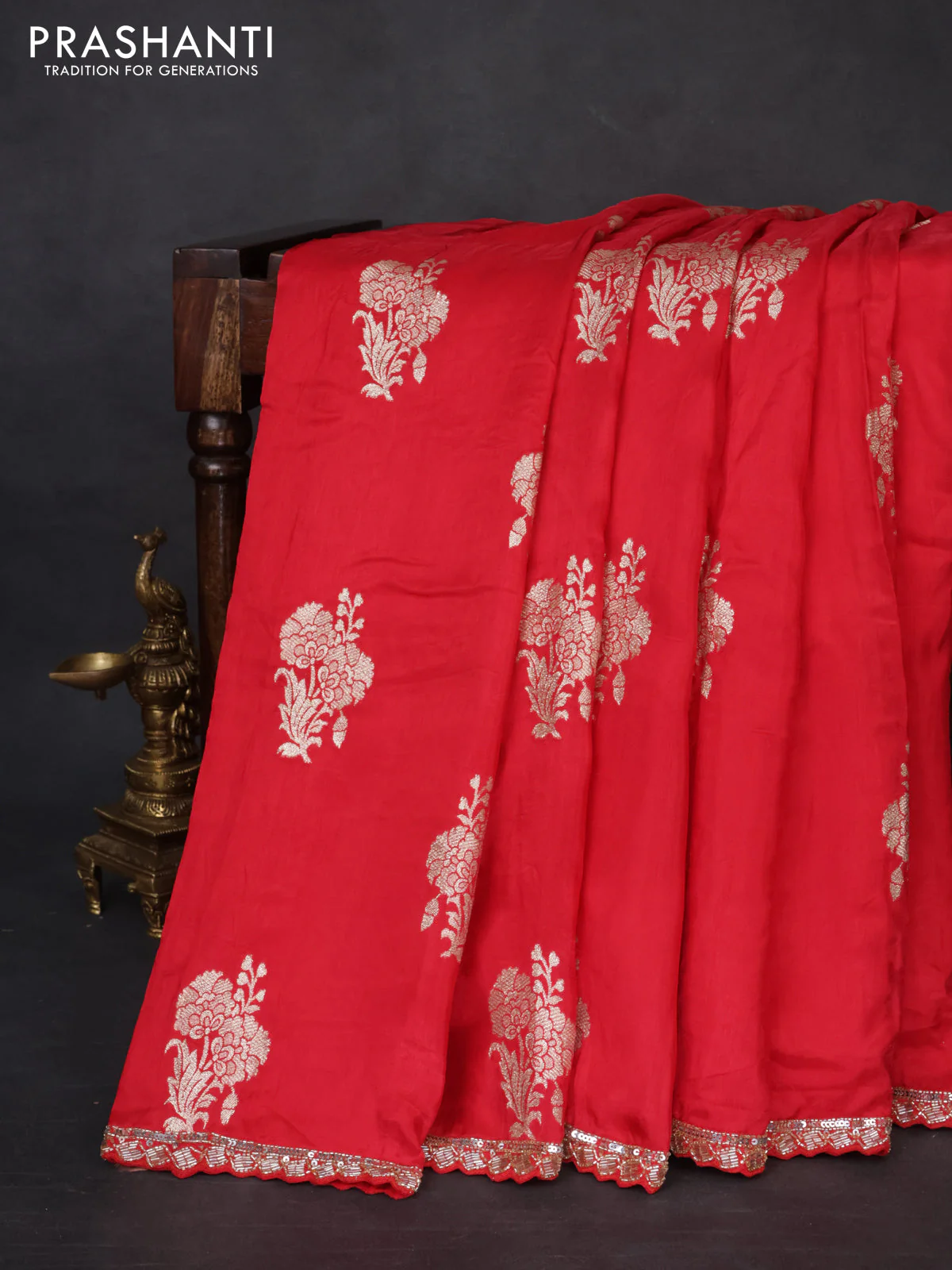 Banarasi silk saree red with floral zari woven buttas and beaded work border - Image 6