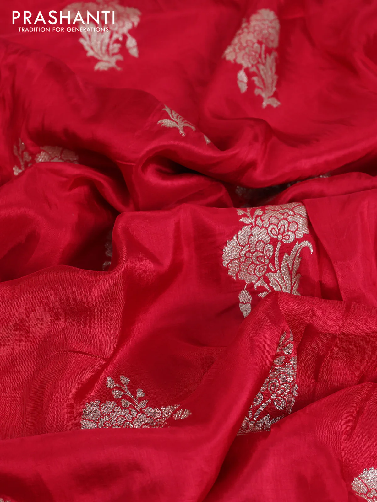 Banarasi silk saree red with floral zari woven buttas and beaded work border - Image 8