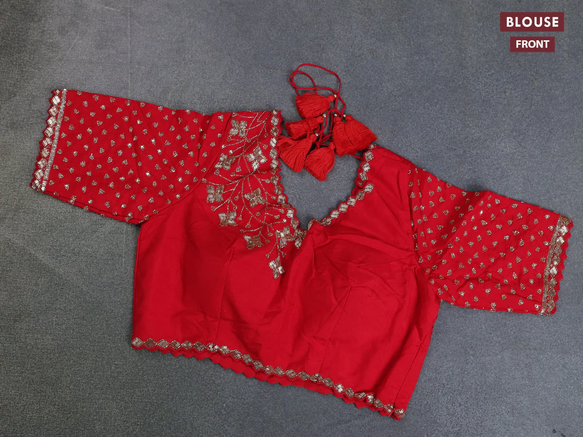Banarasi silk saree red with floral zari woven buttas and beaded work border - Image 9