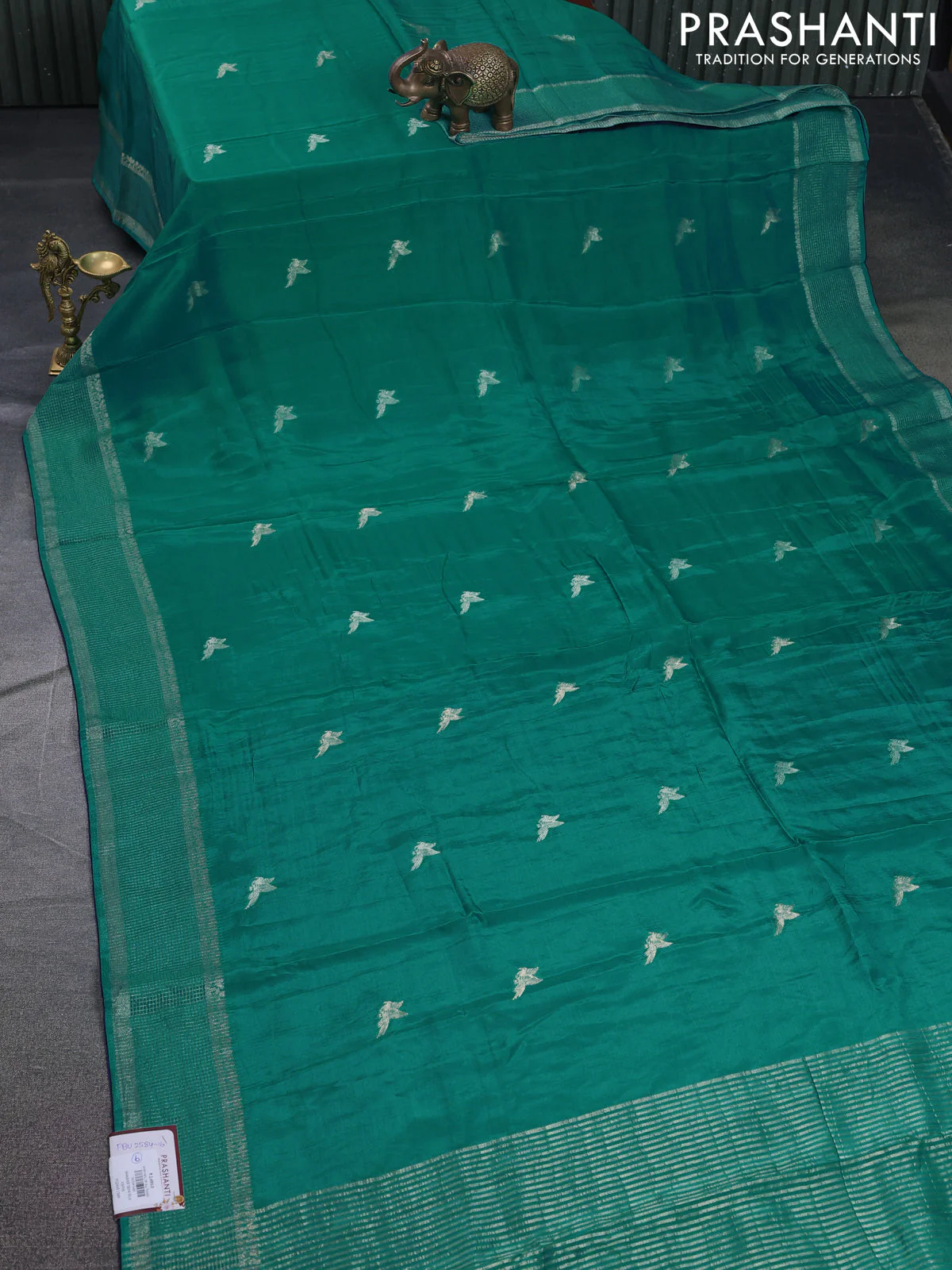 Banarasi silk saree teal blue and navy blue with zari woven brids buttas and zari woven border - Image 2
